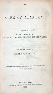 Image of the 1852 Code of Alabama title page.