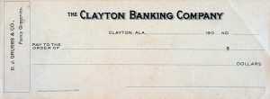 An image of an unused check, Clayton Banking Company, Clayton, Alabama.