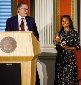 Image of Sharon Bala accepting the award.