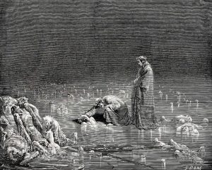 Image of Virgil and Dante touching the soul submerged in ice.