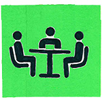 Cartoony icon of several people at a table