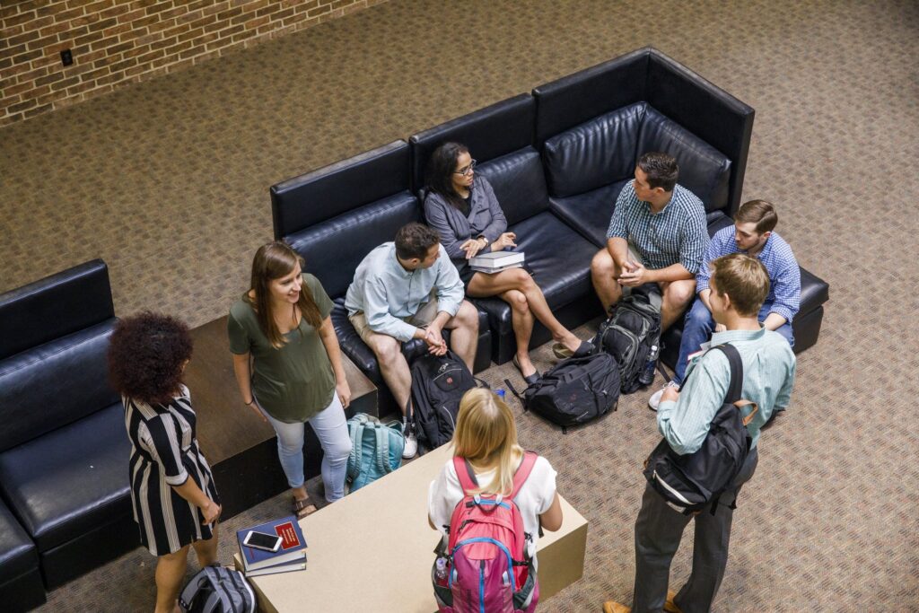 Students talking, shot from above.